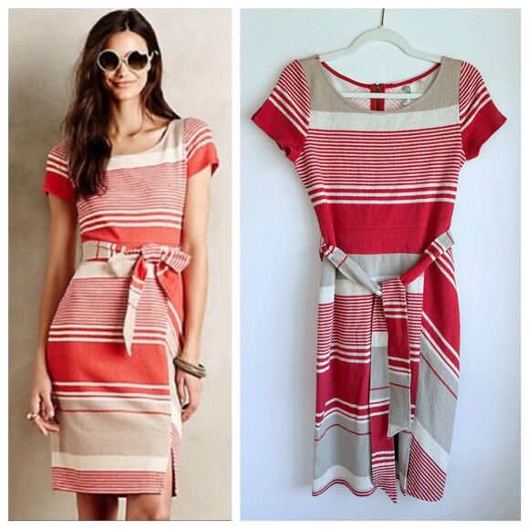 Anthropologie Lilka Sorella Mixed Stripes Short Sleeve Belted Dress in Red & Tan - Picture 1 of 12
